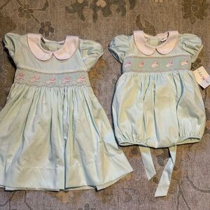 Smocked lamb sister set dress and bubble